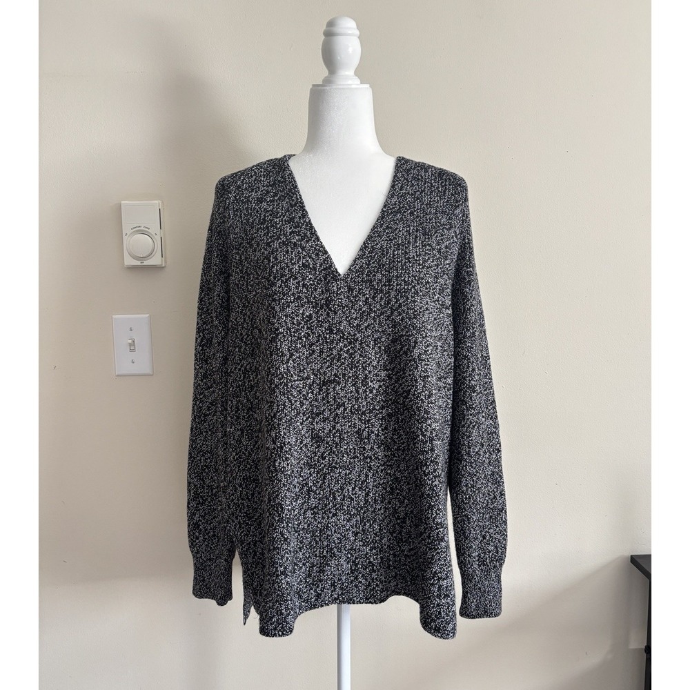 Athleta Small Oversized Chunky Knit Wool‎ Blend Sweater V Neck Black White Cozy